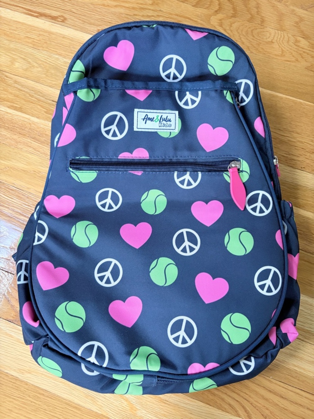 Ame & Lulu Kids Navy Backpack with Pink Hearts & Green Tennis Ball Print